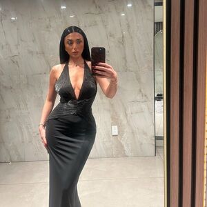 Black Halter Plunge Evening Dress